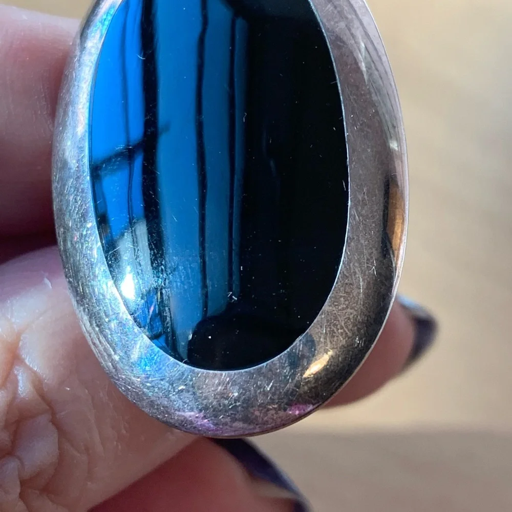 VINTAGE LARGE BLACK STONE RING 925 STERLING SILVER STATEMENT